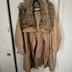 Michael Kors Camel Trench Coat with Faux Fur Collar